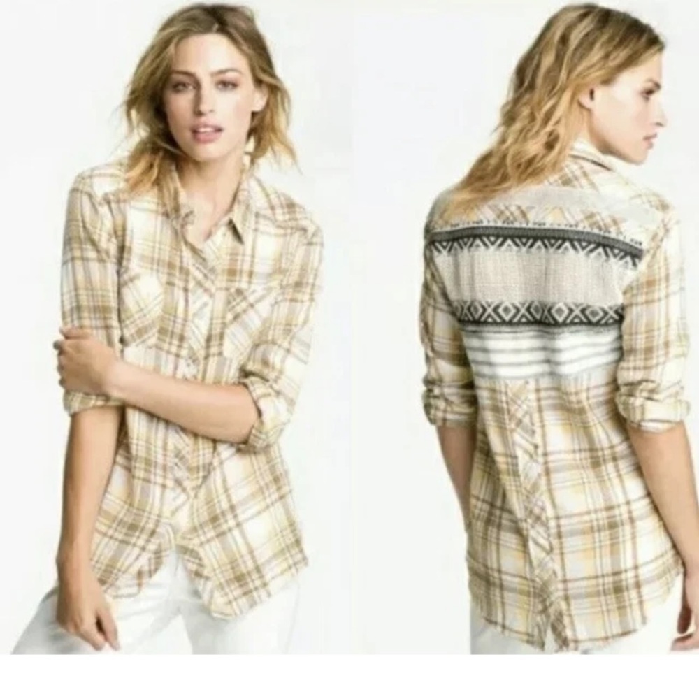 Free People We The Free Park Ranger Plaid Mixed Media Snap-Back Shirt XS